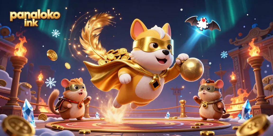 Win big with panaloko ink as a superhero dog flies over a vibrant casino scene full of gold coins and excitement.