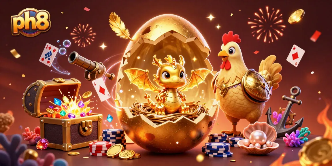 Experience the excitement at ph8 with a golden dragon guarding a nest of poker chips in a vibrant casino scene.