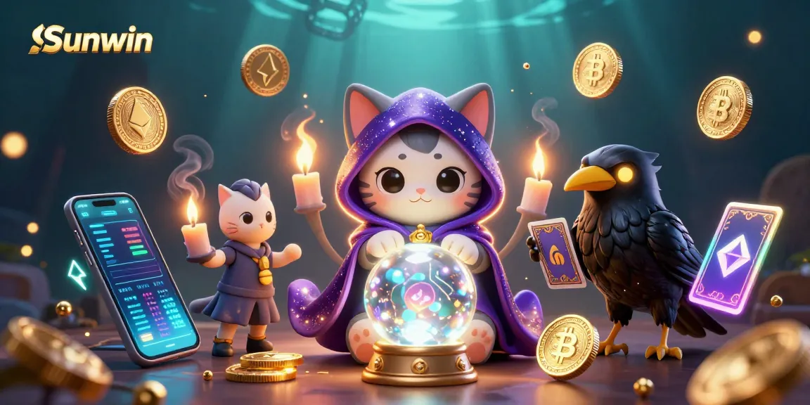 Experience immersive gaming at Sunwin with vibrant casino-themed visuals showcasing a mystic cat and raven.