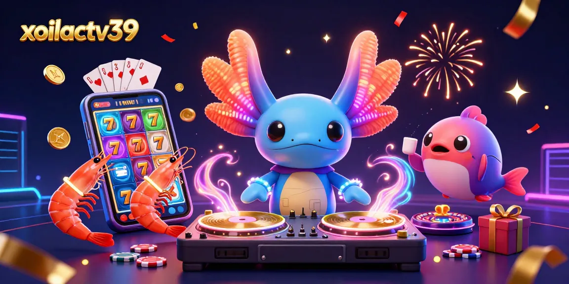 Experience the thrill of gaming with xoilactv39's vibrant neon axolotl DJ and bursting slot game excitement.