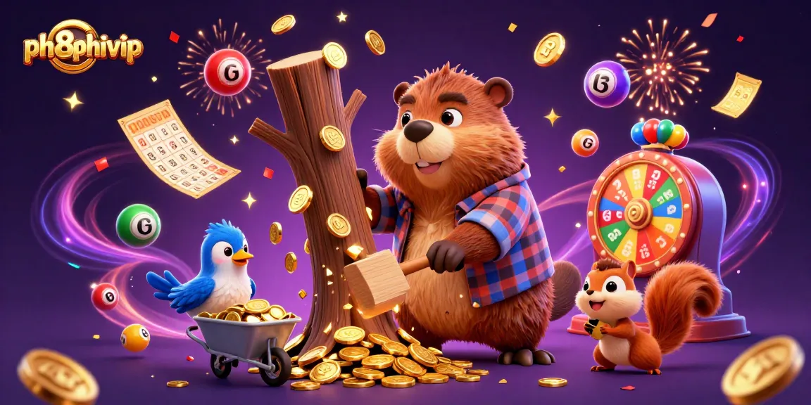 Engage in thrilling experiences with ph8phivip as a cartoon beaver collects golden coins amidst festive gaming elements.